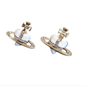 Heart and Crown Gold Tone Rhinestone Enamel Post Earrings